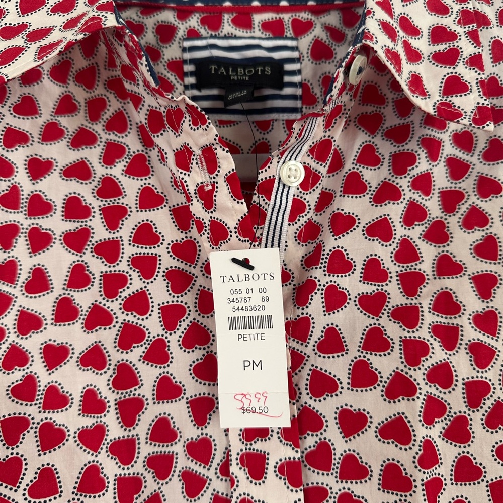 Talbots NWT Red White Heart Print Women’s Medium Petite Button Down Shirt - Picture 3 of 6